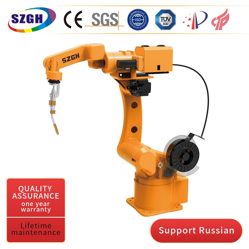 SZGH-H1500-B-6 robot is dedicated to welding robot;easy operation,high efficiency and safety; 

SZGHTECH company has 25 models robot arm in mass production:including generalpurpose,welding,spraying, palletizing,grinding and handling types.All models are equipped with an intelligent robot control system which independently developed by us. 
We also add other components to the sixaxis robots,and customize nonstandard robotic solution as customer needs Currently, 9-axis linkage robots are also mass-produced and sold.